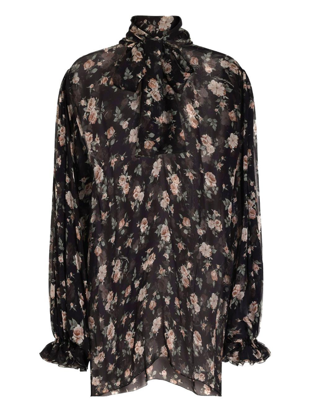 DOLCE e GABBANA Blusa semitrasparente nera con stampa floreale