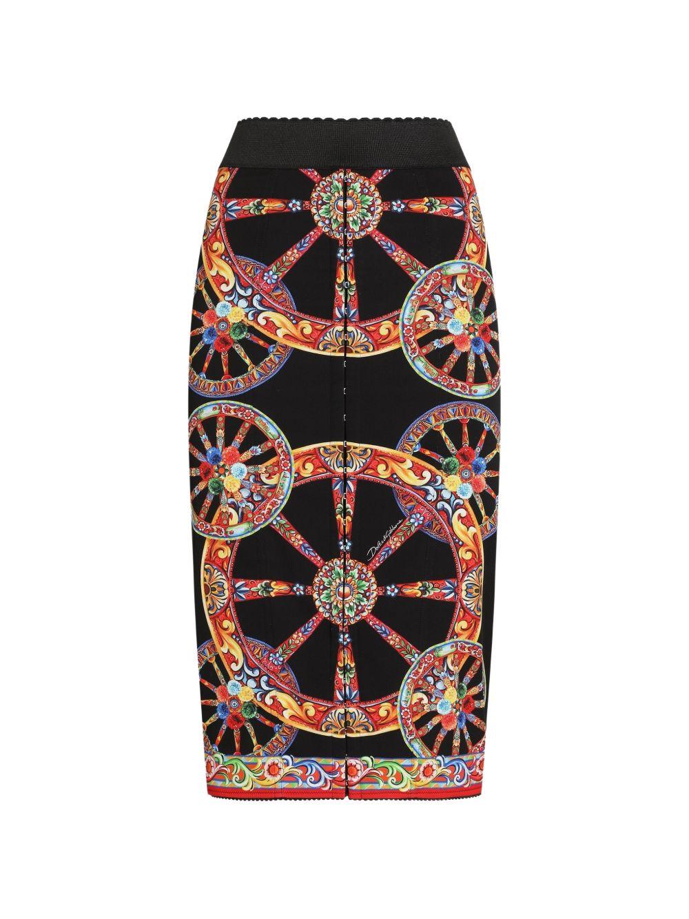 DOLCE e GABBANA Gonna lunga in charmeuse con stampa Carretto multicolor