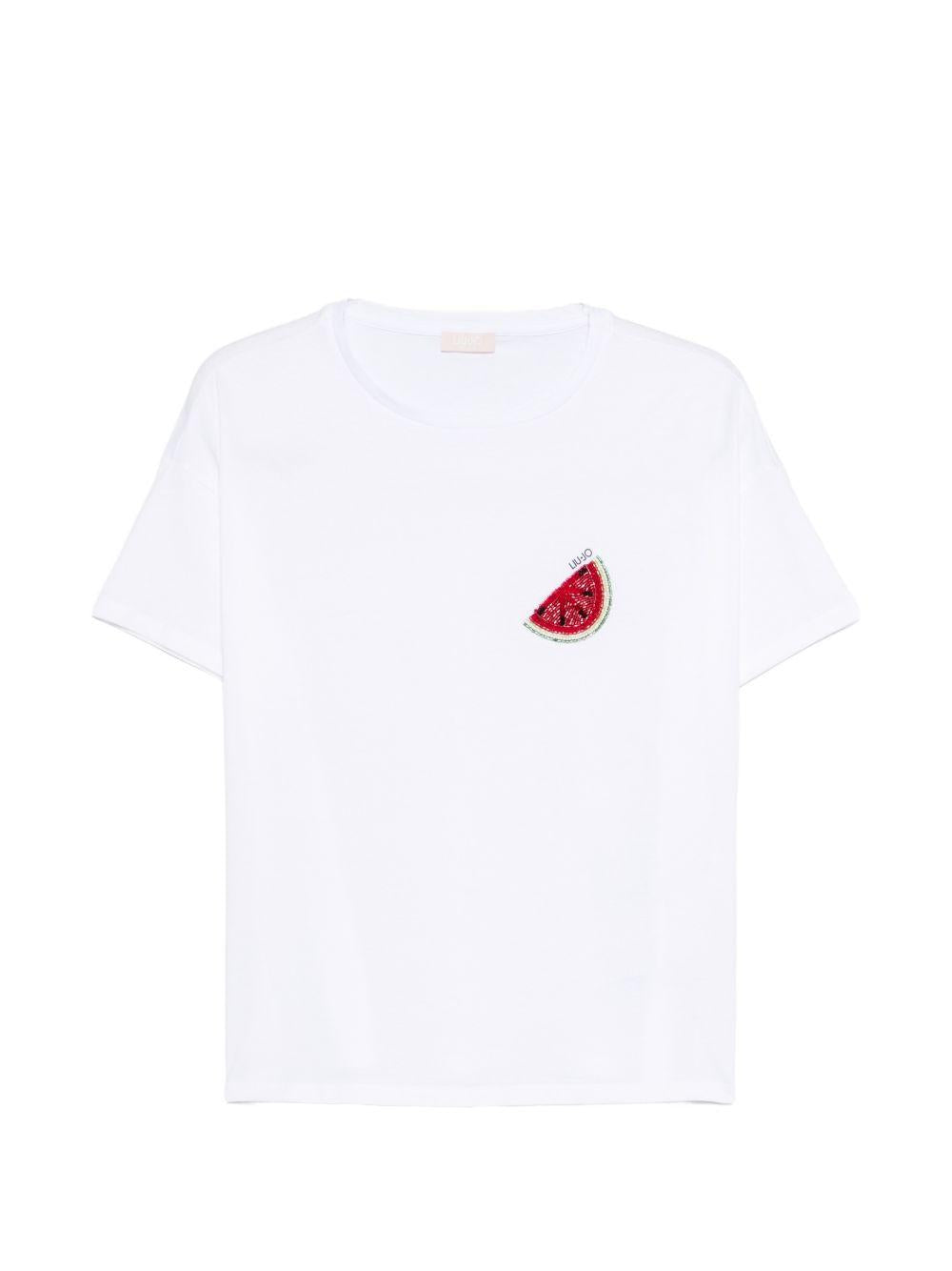 LIUJO T-shirt in cotone bianco con ricamo sul petto