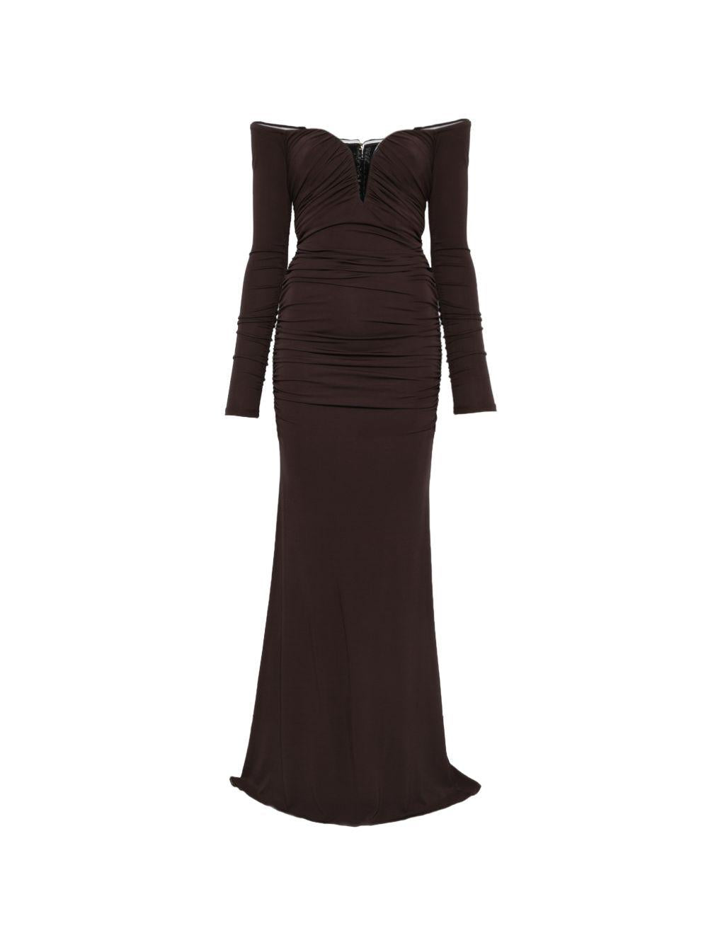 ELISABETTA FRANCHI Abito lungo marrone con scollo a cuore e dettagli arricciati