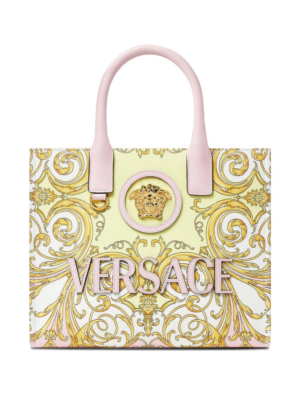 VERSACE Borsa tote gialla con stampa Barocca