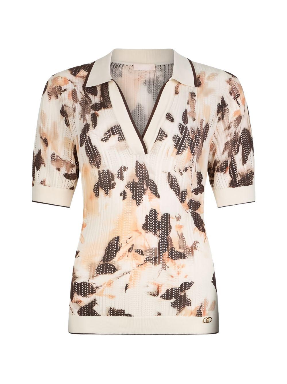 LIUJO T-shirt multicolore con scollo a V e stampa marrone