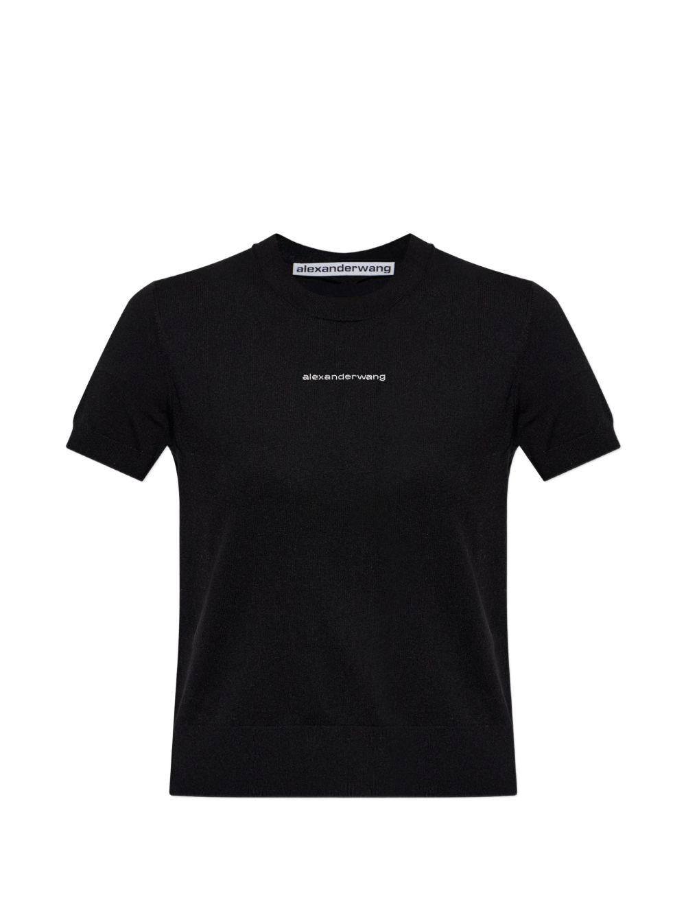 ALEXANDER WANG T-shirt nera effetto shimmering con logo frontale