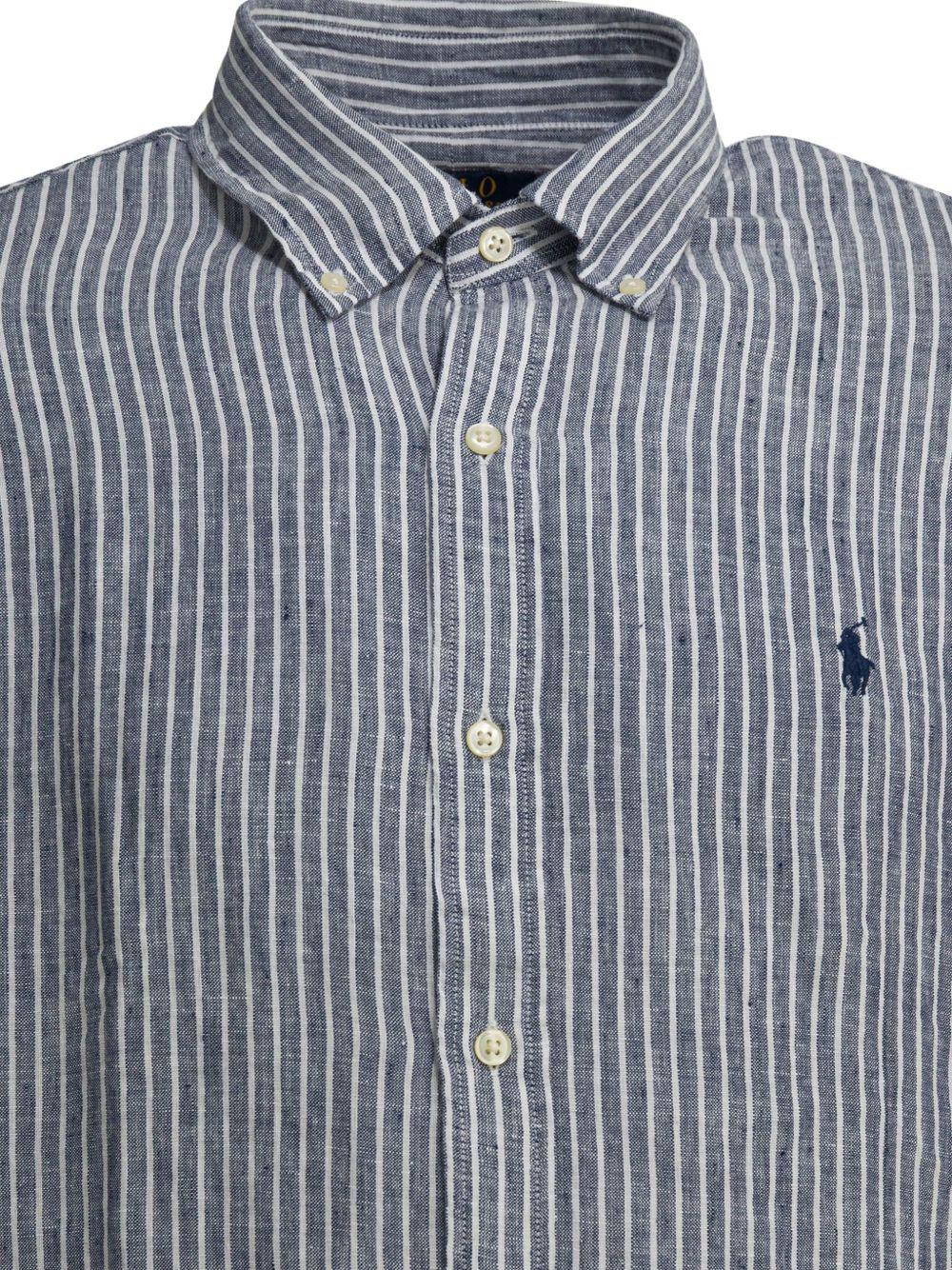 POLO RALPH LAUREN Camicia a righe in lino blu con logo ricamato