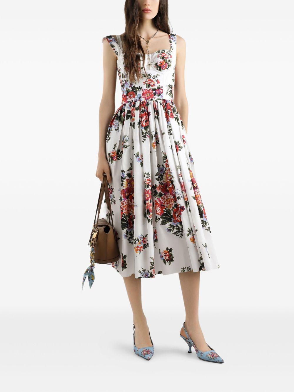 DOLCE e GABBANA Abito midi in cotone bianco con stampa floreale