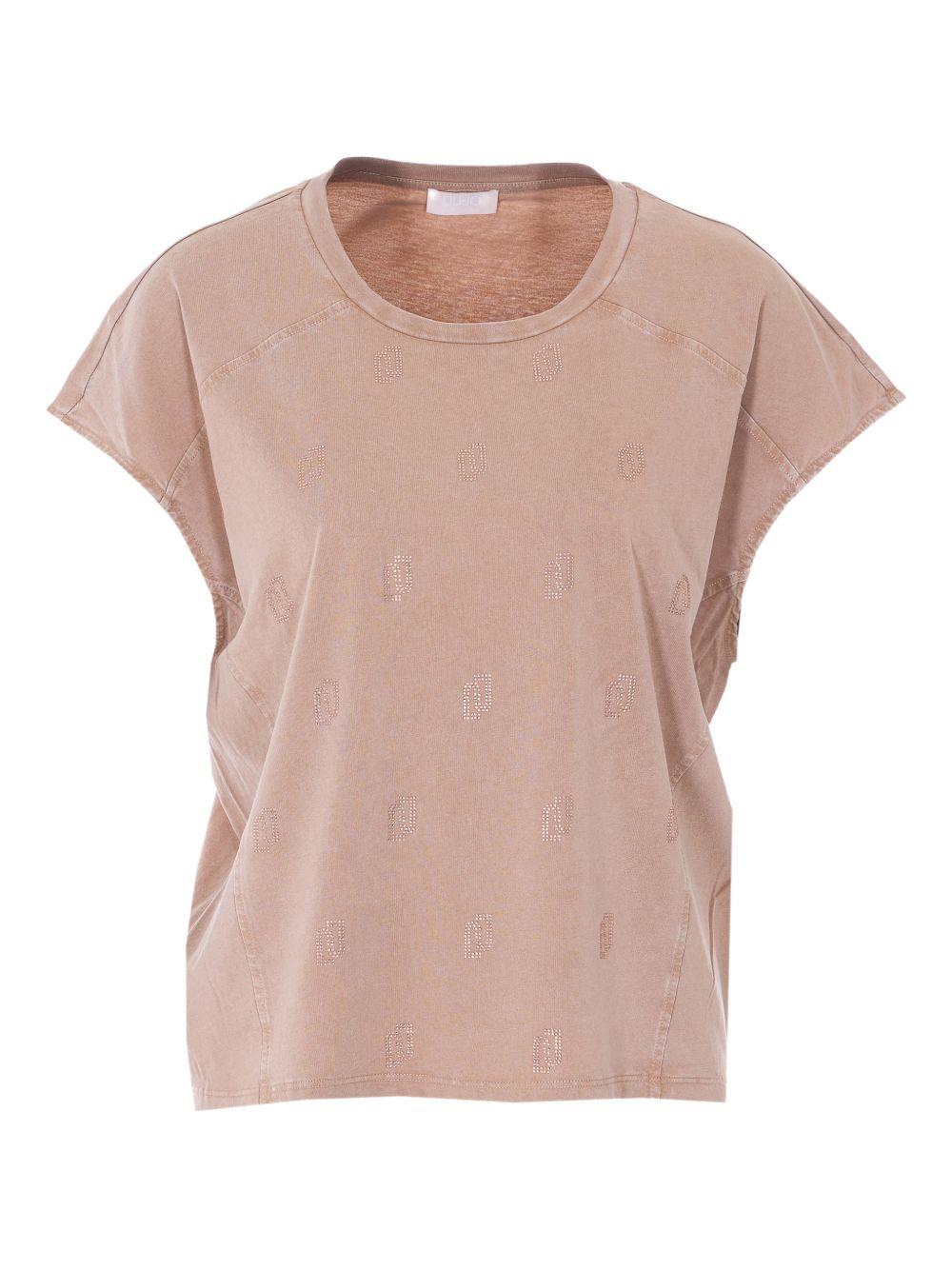 LIUJO T-shirt rosa in cotone a collo rotondo