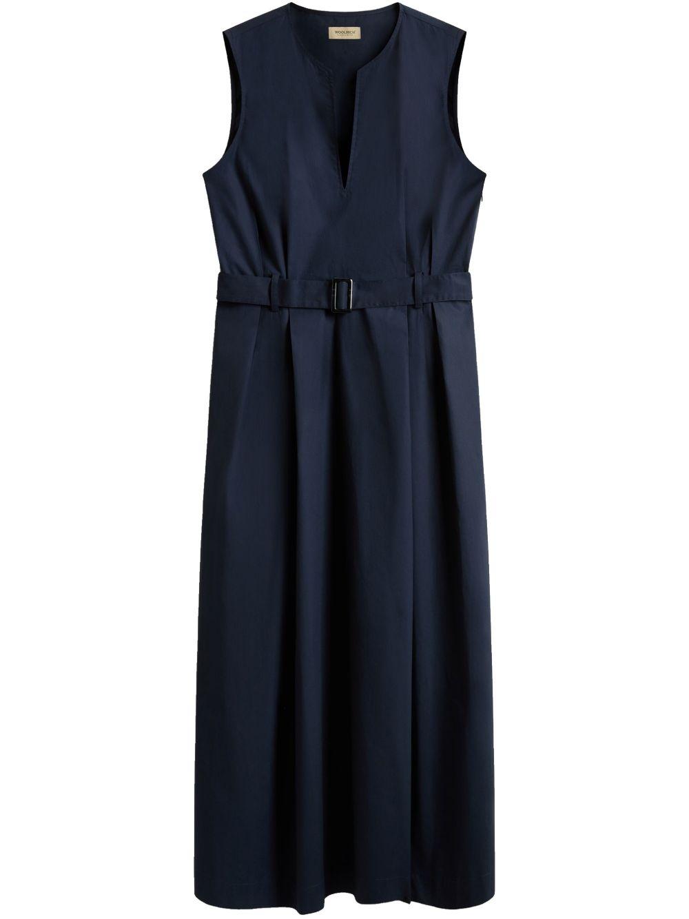 WOOLRICH Abito midi in cotone con scollo a V e cintura