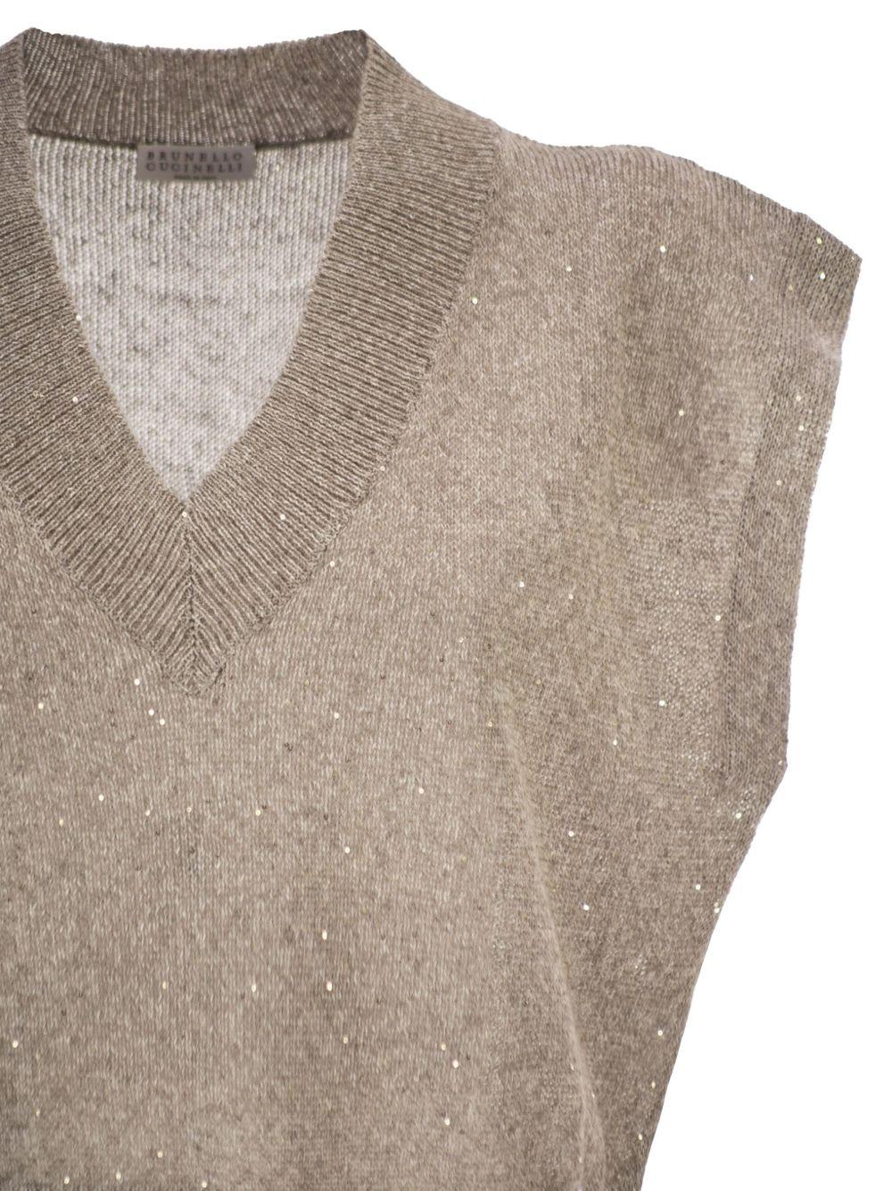 BRUNELLO CUCINELLI Gilet in maglia marrone con scollo a V e finiture a coste