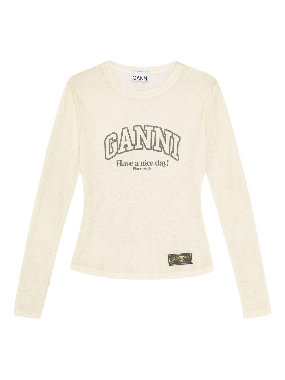 GANNI T-Shirt a maniche lunghe semitrasparente con logo