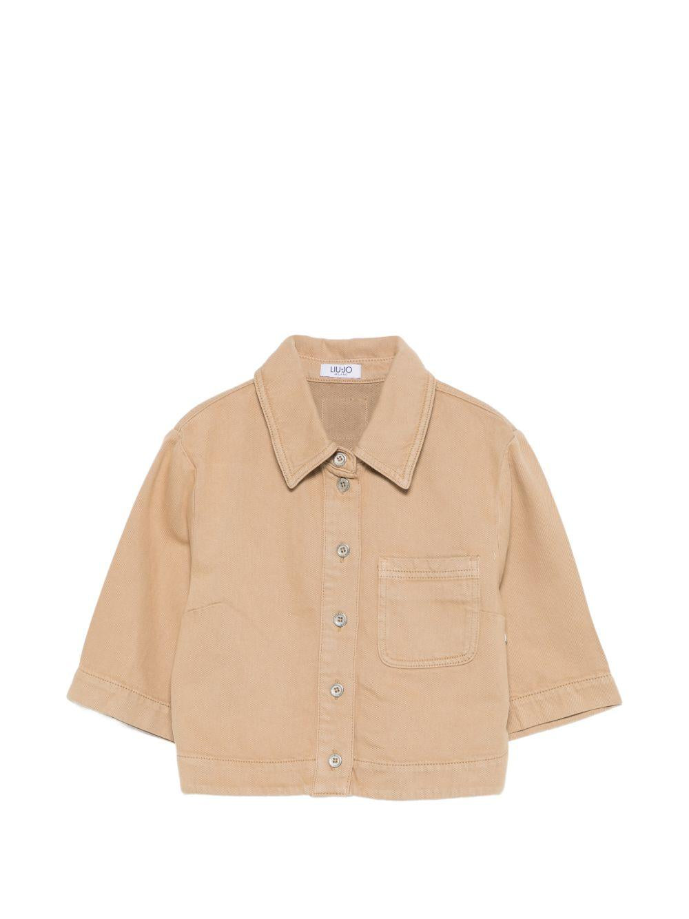 LIUJO Camicia corta in cotone beige a maniche corte