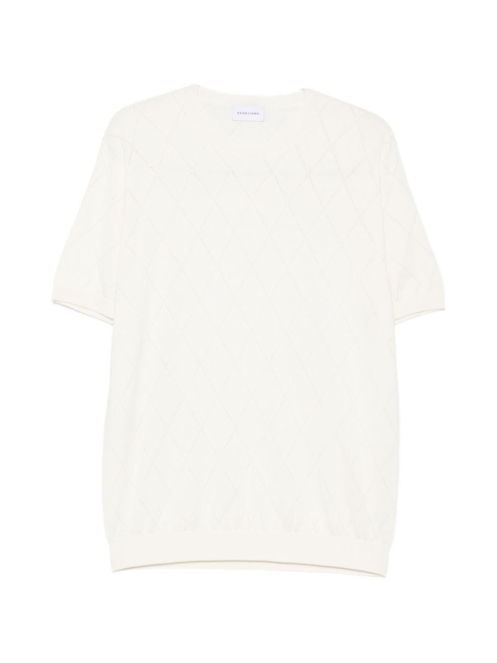 SCAGLIONE T-shirt in seta e cotone bianco con fantasia a rombi