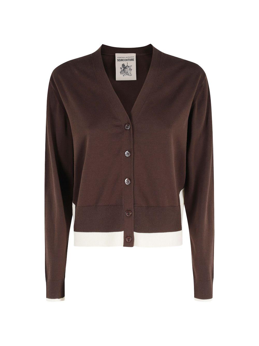 SEMICOUTURE Cardigan Amanda in cotone marrone cn fondo a contrasto