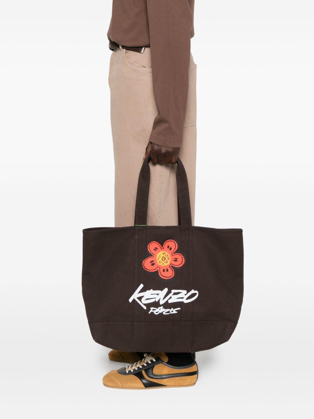 KENZO Borsa shopping in cotone marrone con stampa fiore e logo