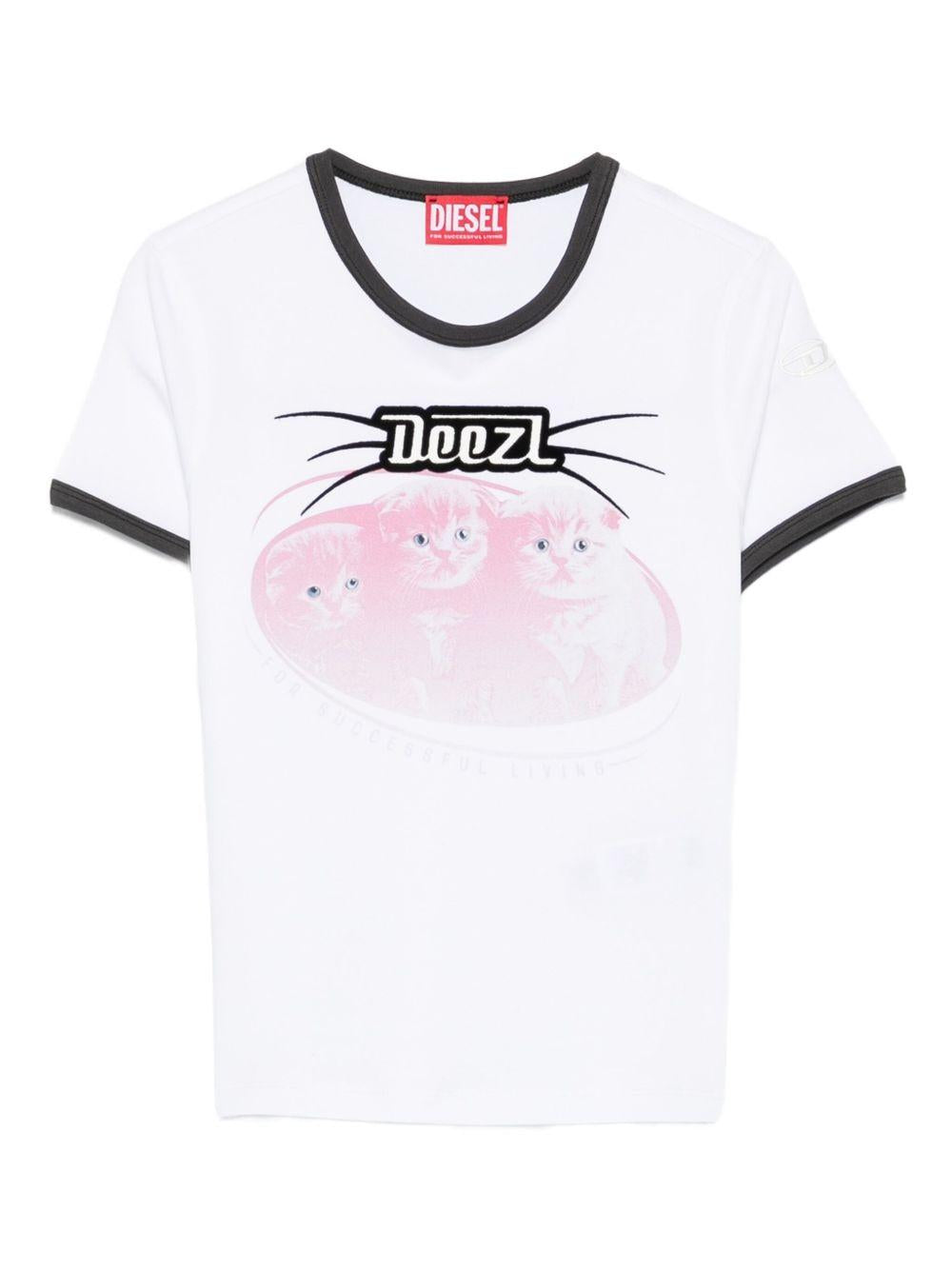 DIESEL T-shirt in cotone bianco con stampa e bordi a contrasto