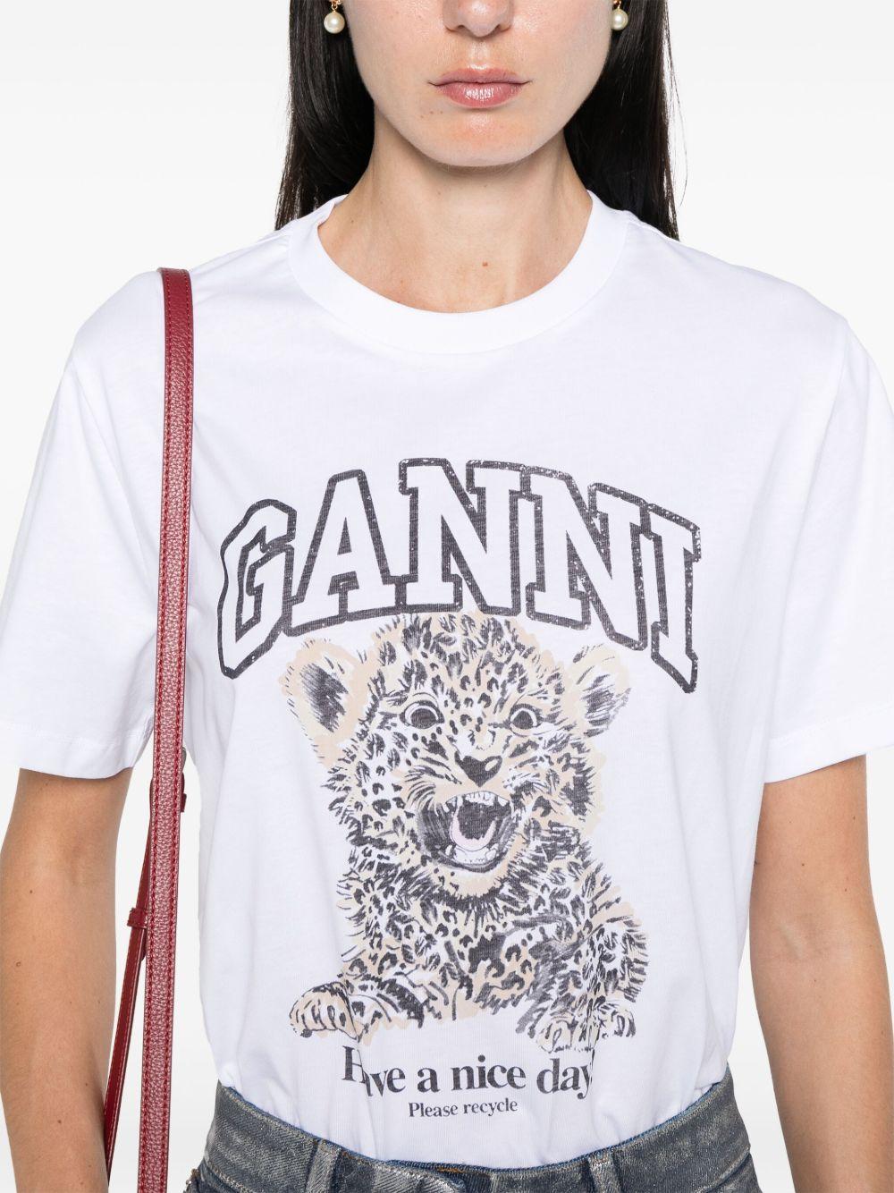 GANNI T-shirt in cotone bianco con leopardo