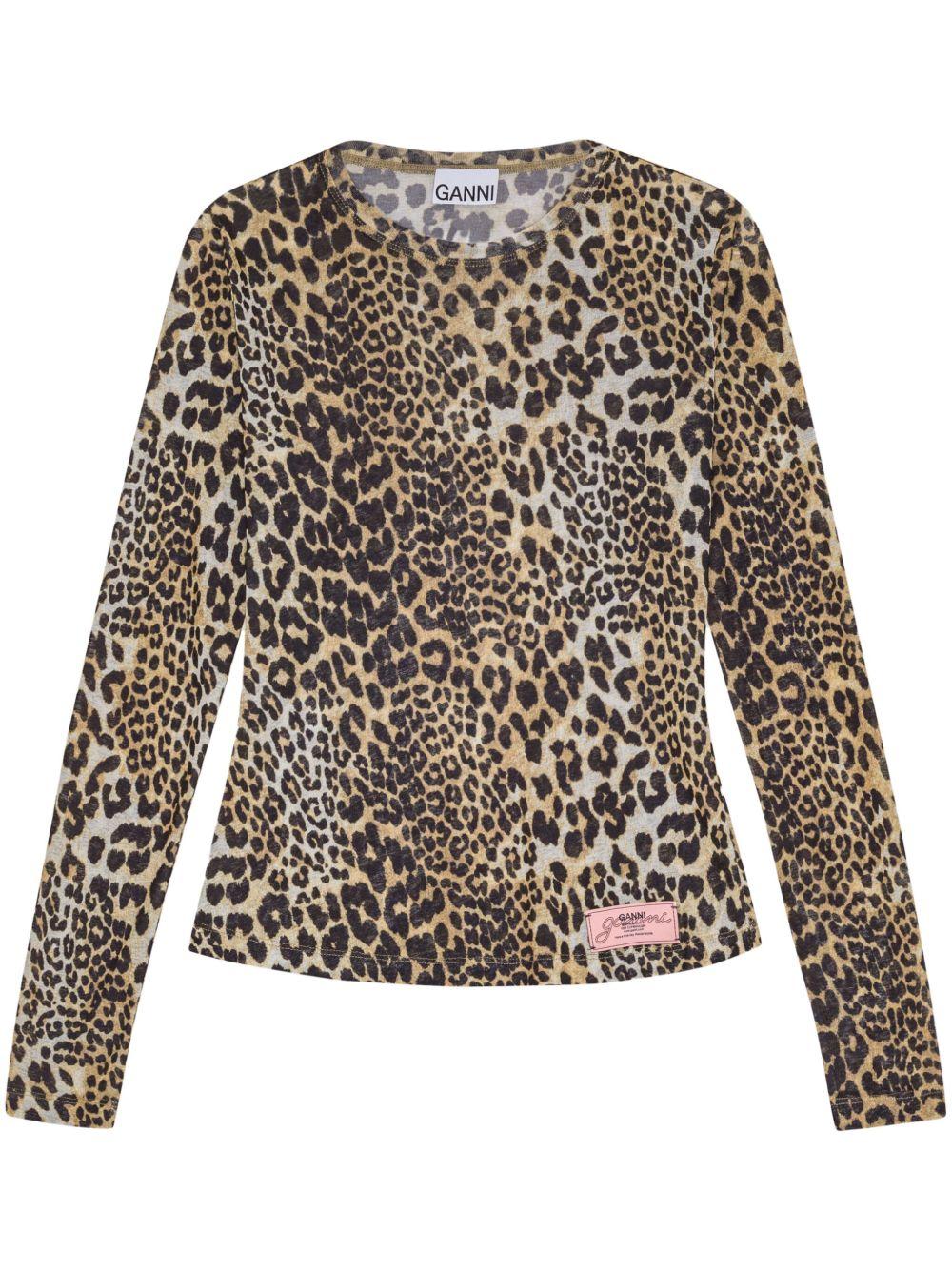 GANNI T-shirt girocollo a maniche lunghe con stampa animalier