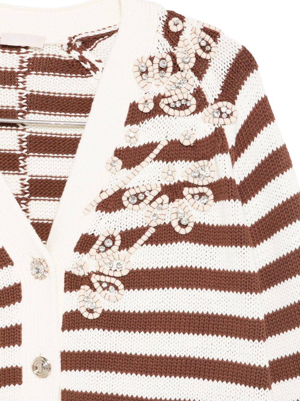 LIUJO Cardigan bianco a righe marroni con ricami e perline