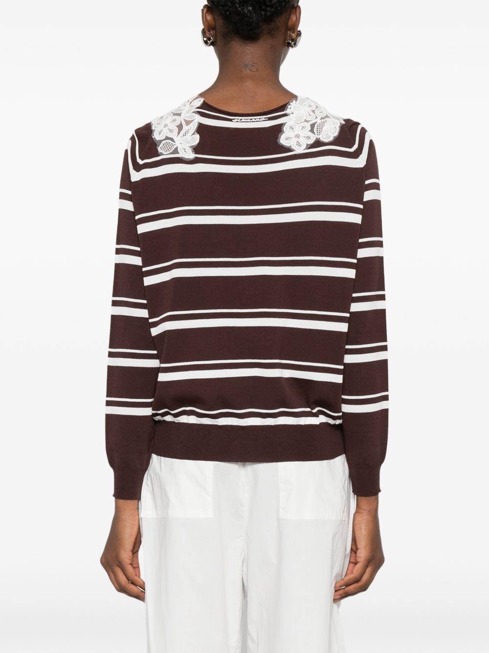 ERMANNO FIRENZE Maglia a righe con scollo a V impreziosito da pizzo bianco