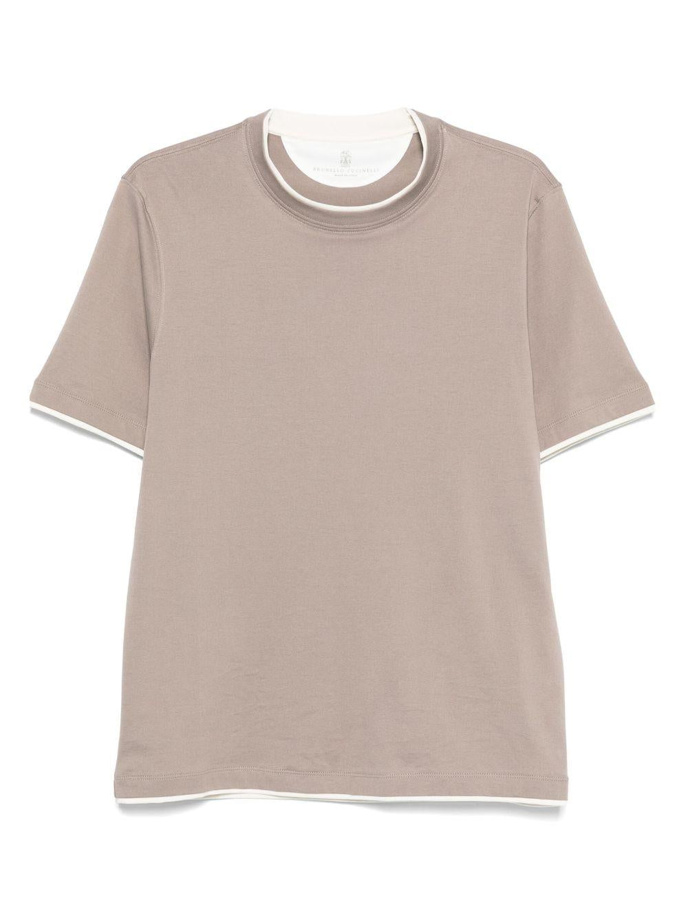 BRUNELLO CUCINELLI T-shirt in cotone beige con bordi a contrasto
