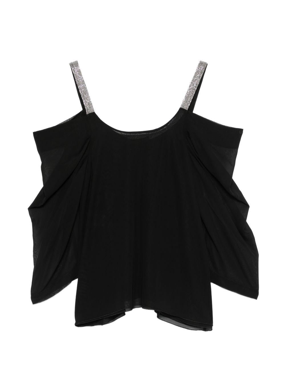 D EXTERIOR Blusa nera con strass cuciti sulle spalline