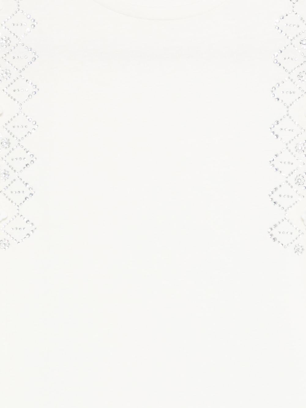 LIUJO T-shirt bianca con ricami e impreziosita da strass argentati