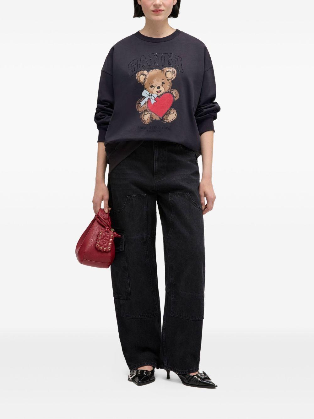 GANNI Felpa nera in cotone con stampa teddy