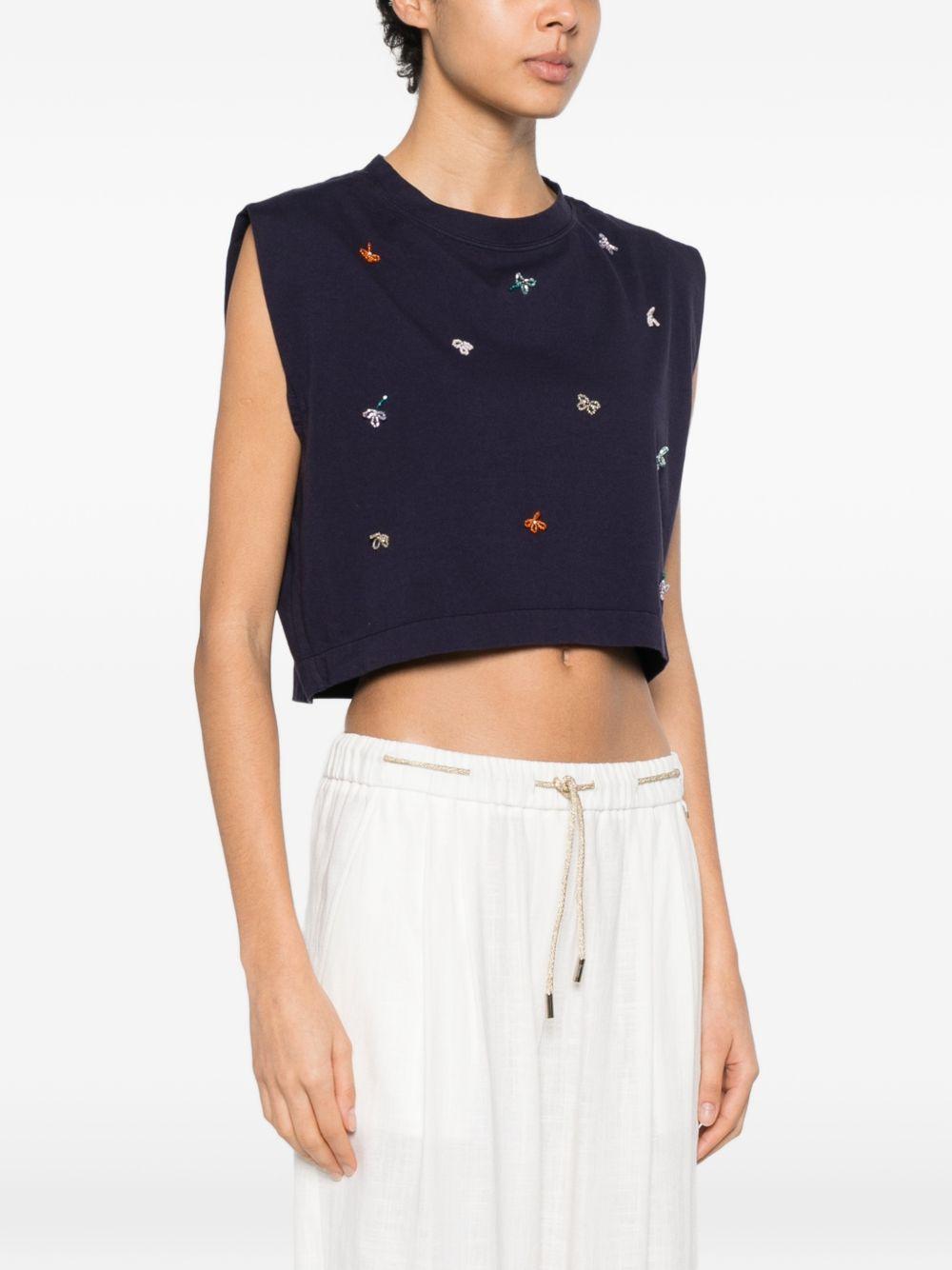 FORTE FORTE Top di cotone blu con ricami senza maniche