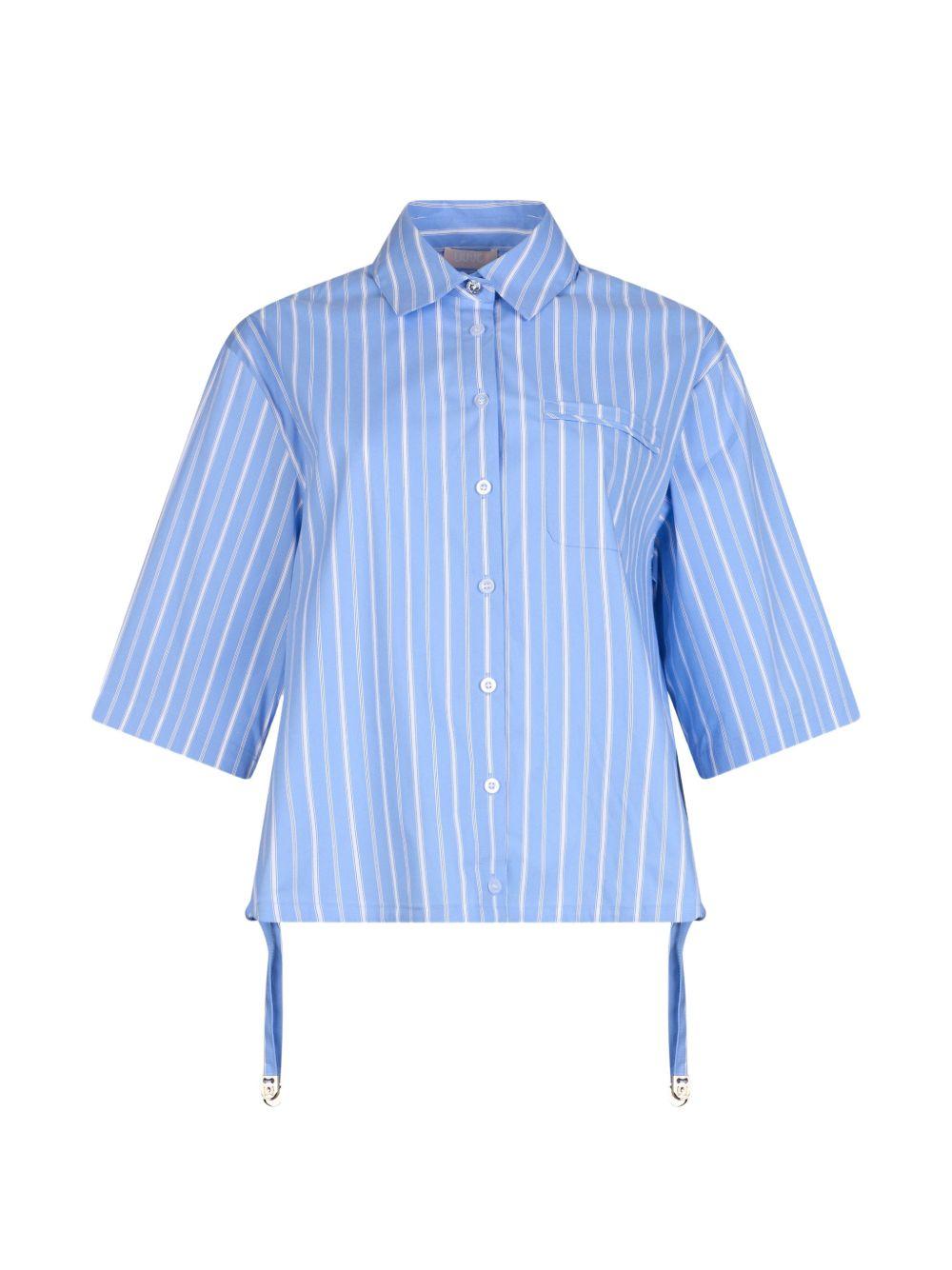 LIUJO Camicia con coulisse in vita e maniche 3/4 a righe azzurre e bianche