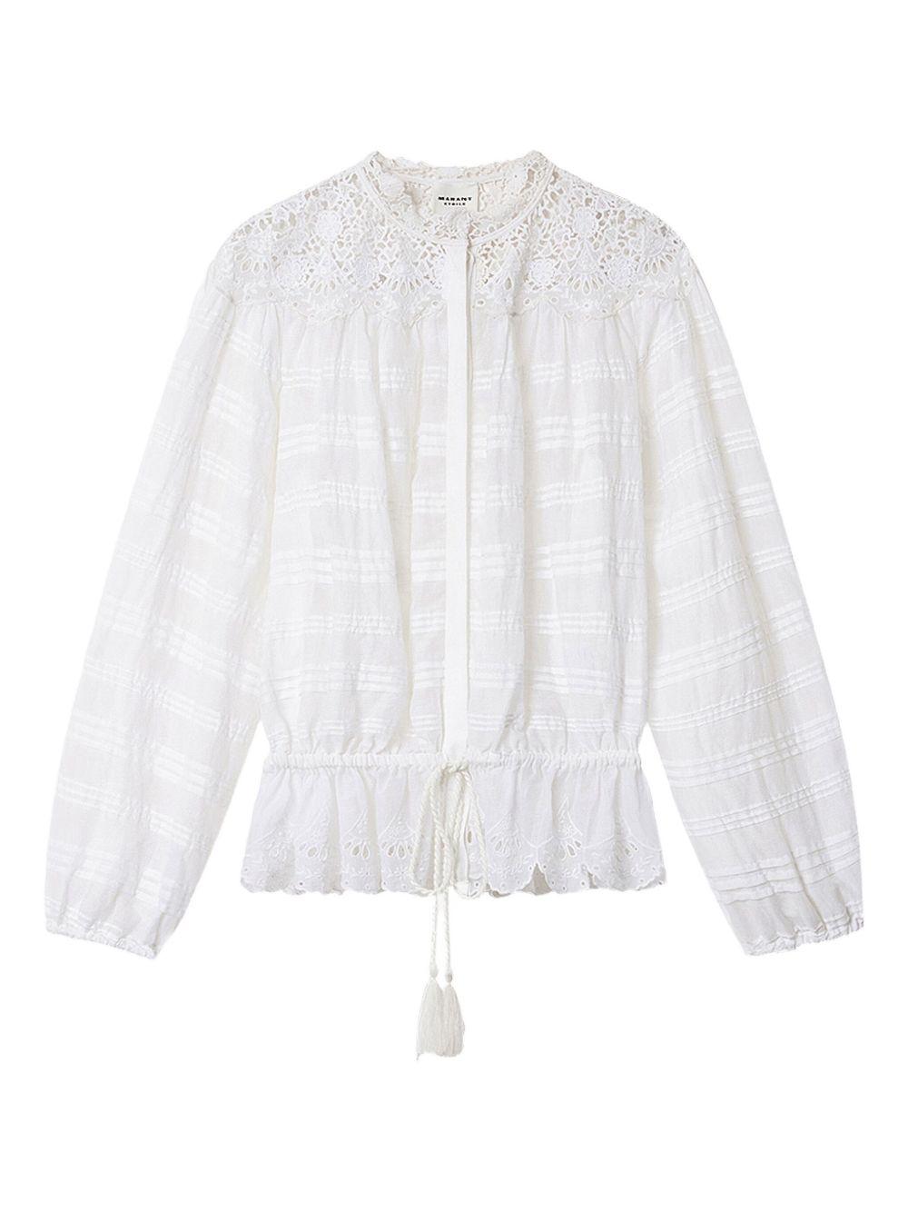 MARANT ETOILE Blusa bianca in cotone con colletto ricamato