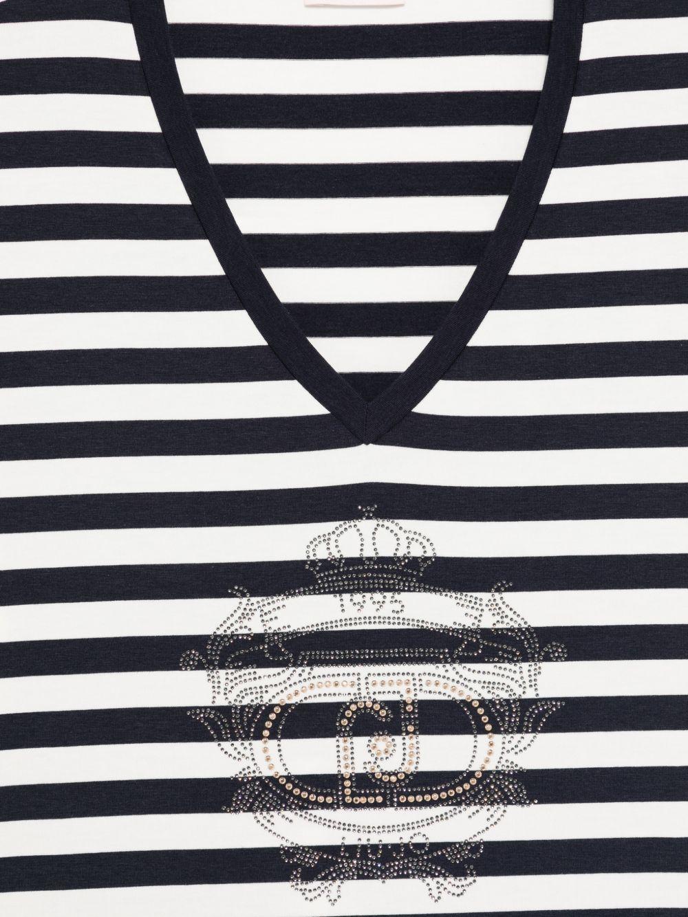 LIUJO T-shirt bianca a righe blu con scollo a V