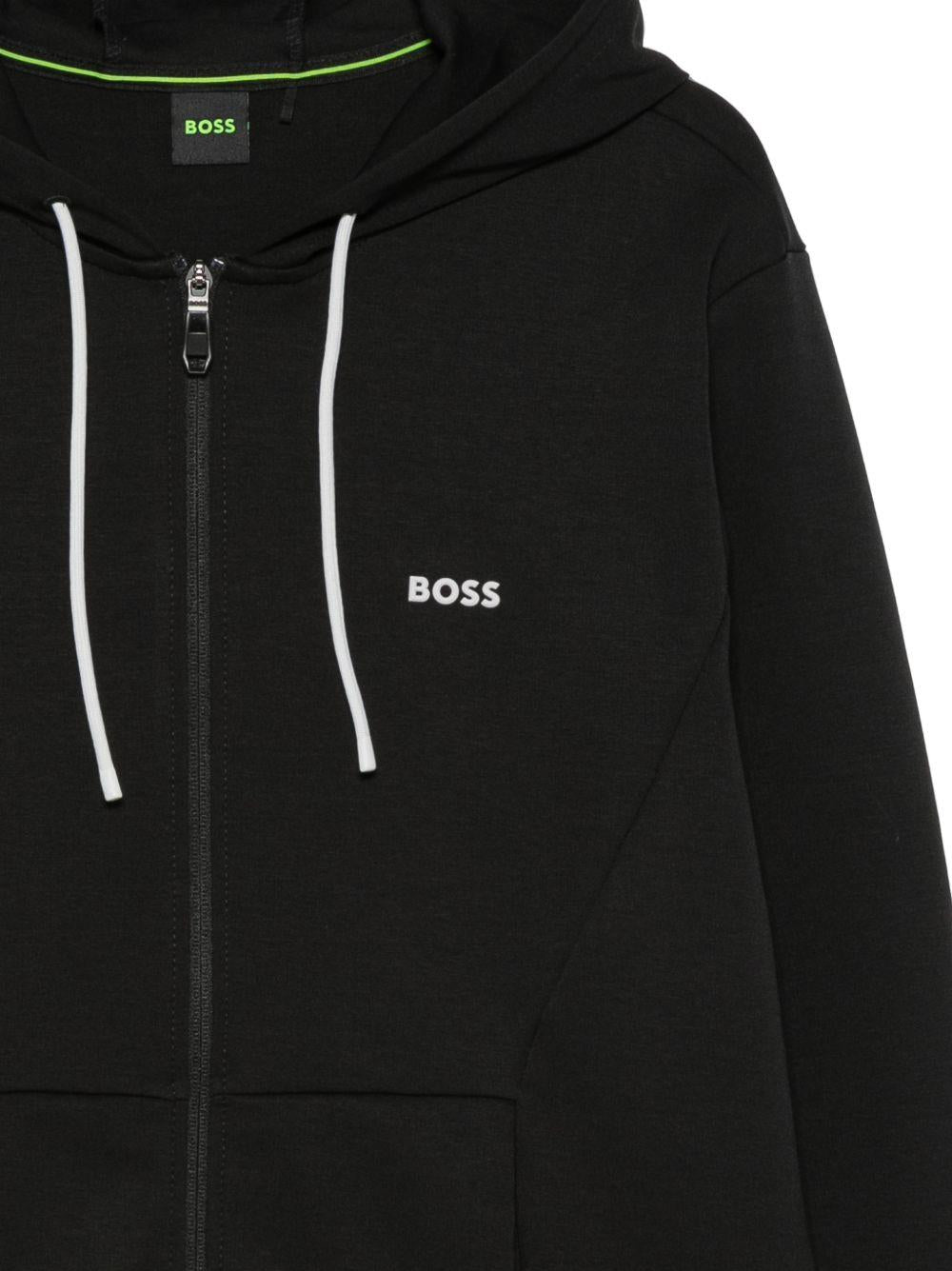 BOSS Felpa nera con cappuccio e zip in cotone