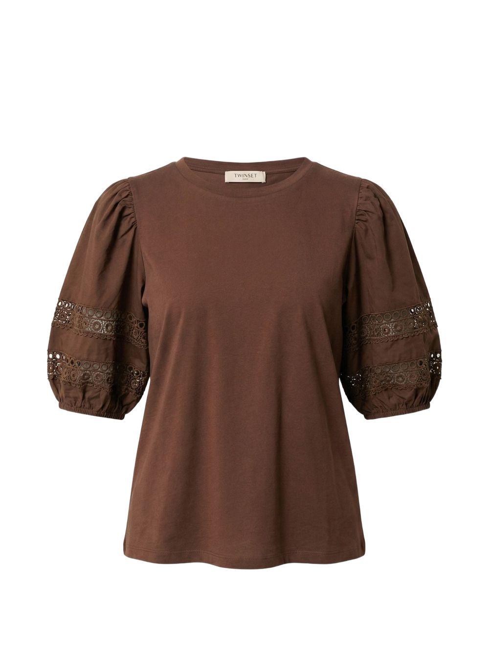TWINSET T-shirt in cotone marrone con pizzo floreale