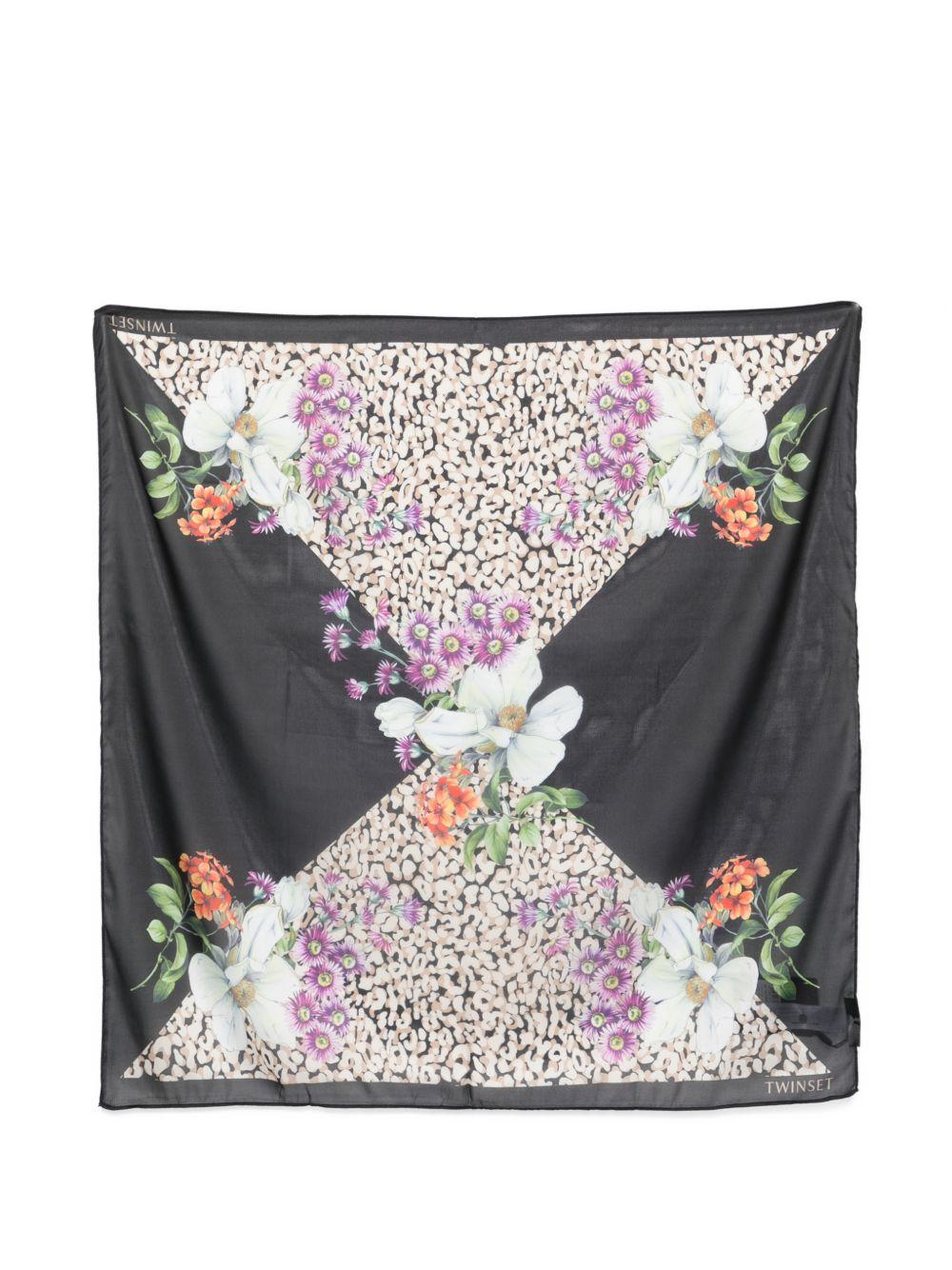 TWINSET Foulard nero con stampa floreale e leopardata