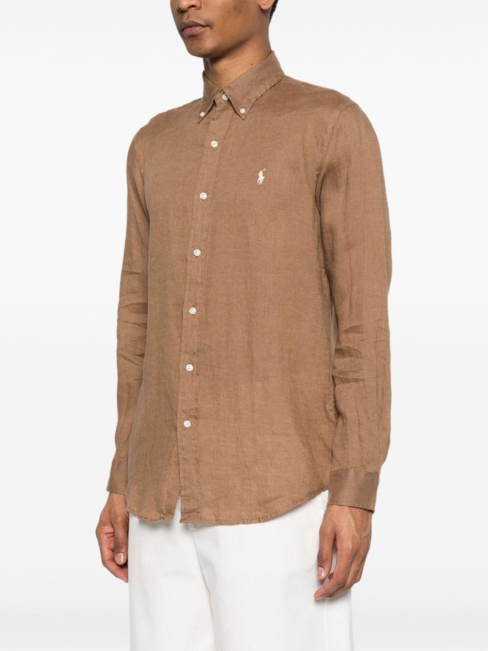 POLO RALPH LAUREN Camicia marrone con logo ricamato sul petto