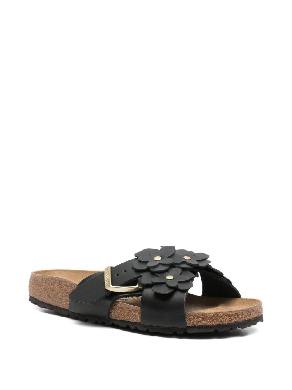 BIRKENSTOCK Ciabatte Siena in pelle naturale nera con dettagli floreali