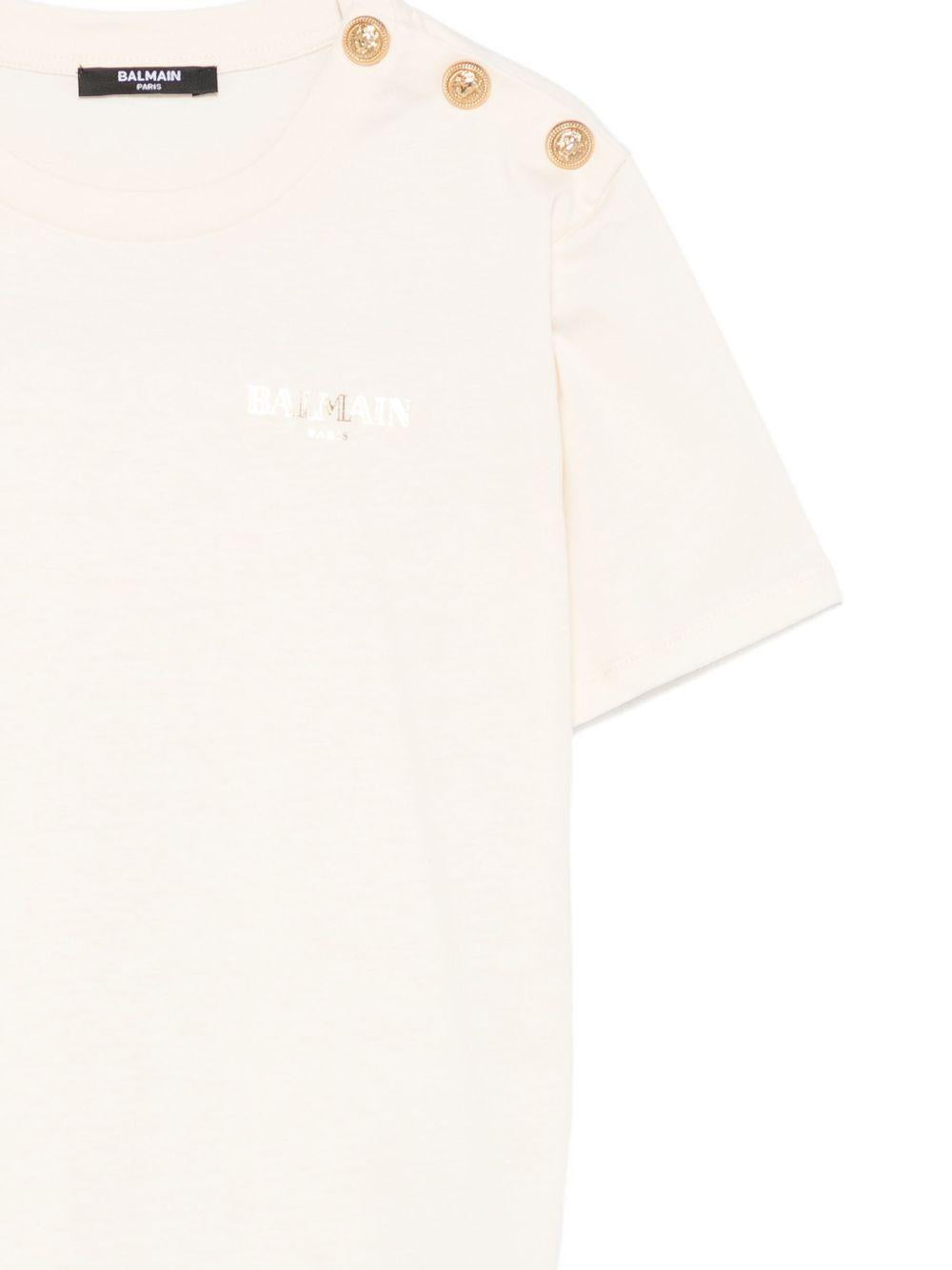 BALMAIN T-shirt in cotone beige con bottoni dorati