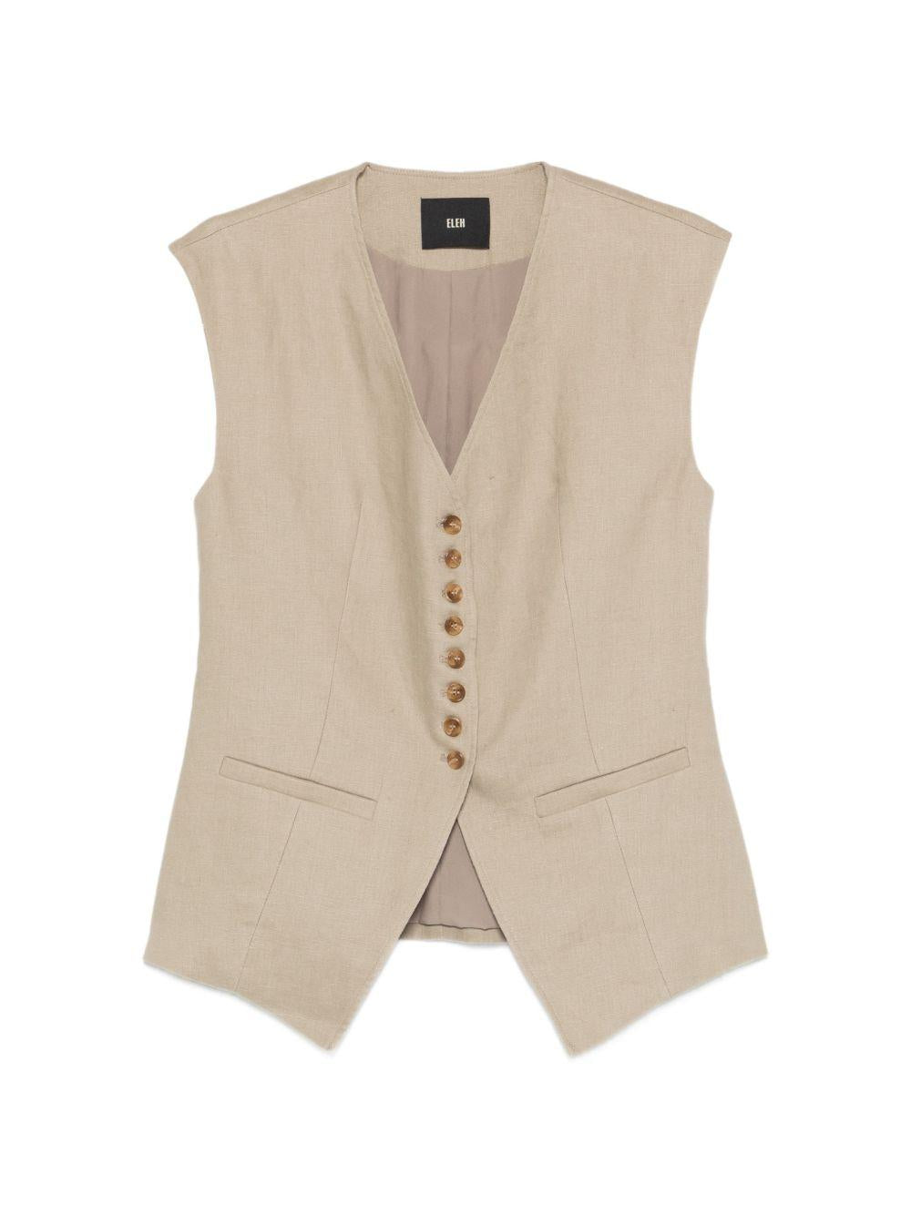 ELEH Gilet in lino beige con scollo a V