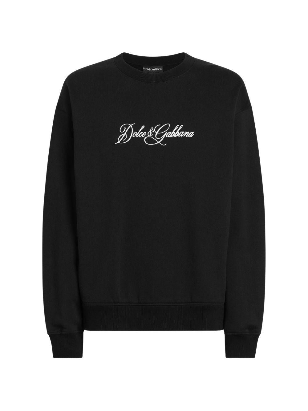 DOLCE e GABBANA Felpa girocollo in cotone nero con logo ricamato