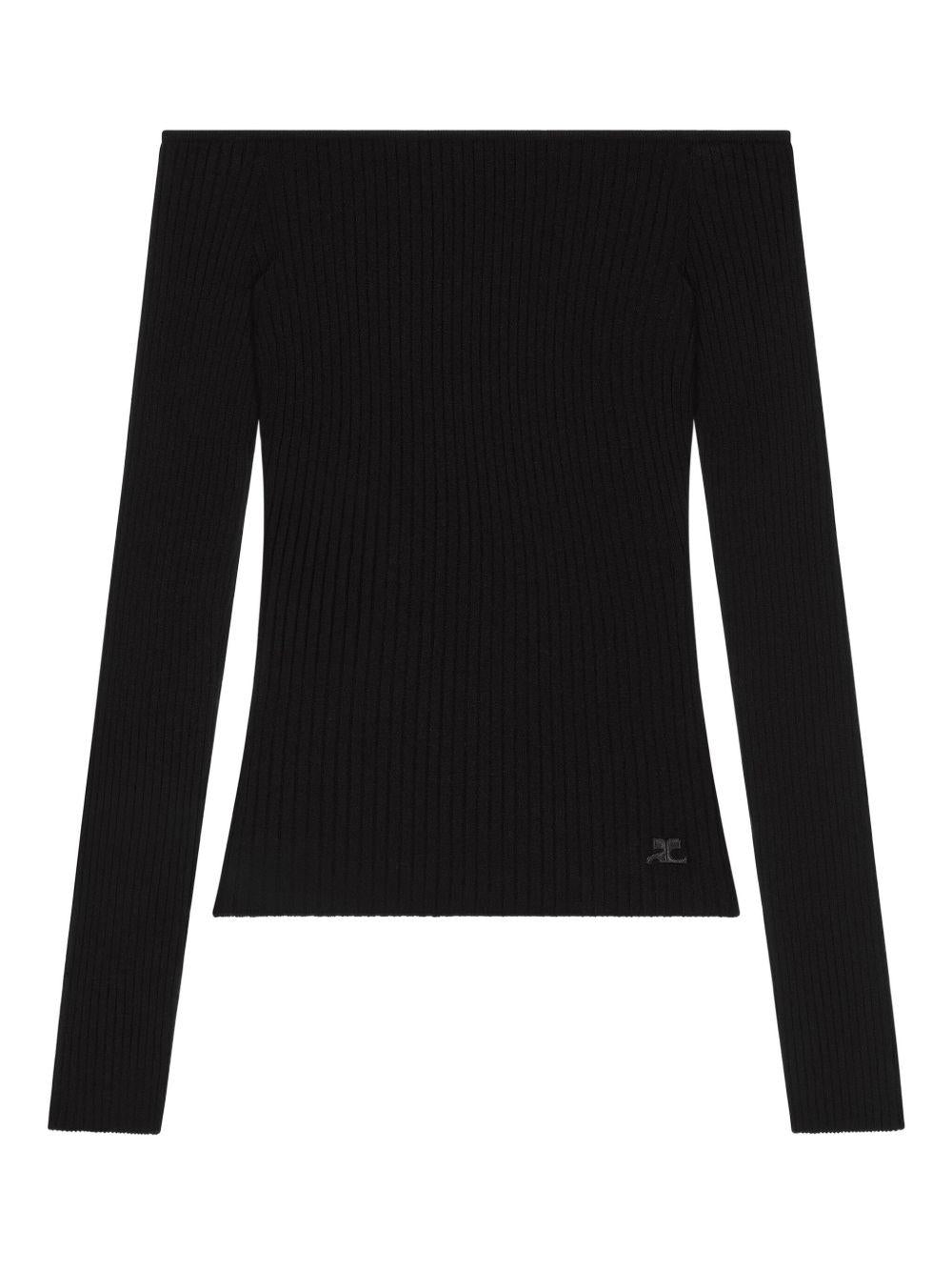 COURREGES Top con scollo bardot nero con logo