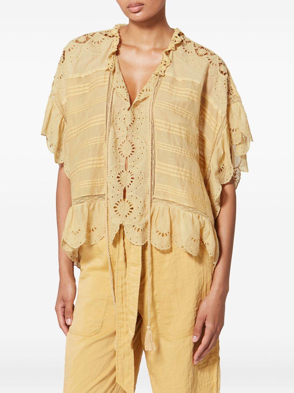 MARANT ETOILE Top Payton in stile caftano in cotone e pizzo floreale giallo