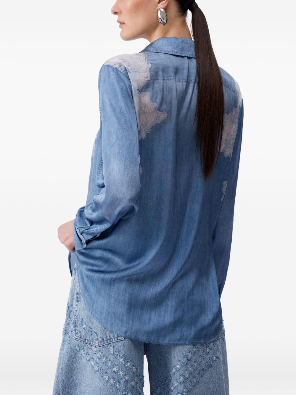 LIUJO Camicia blu con stampa grafica floreale bianca