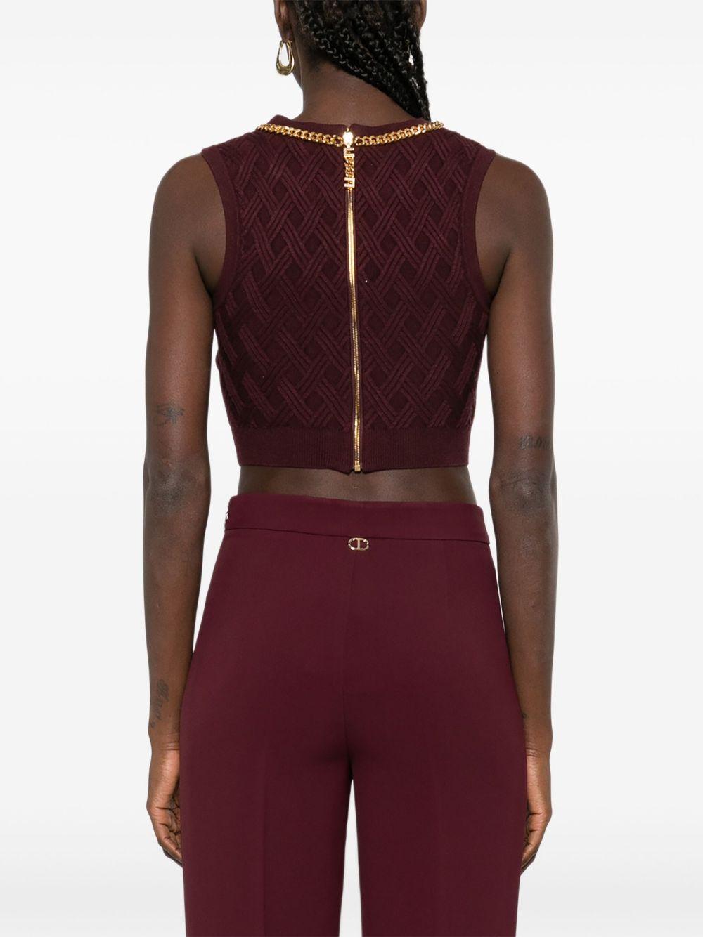 ELISABETTA FRANCHI Top in maglia a rombi bordeaux e dettaglio gioiello