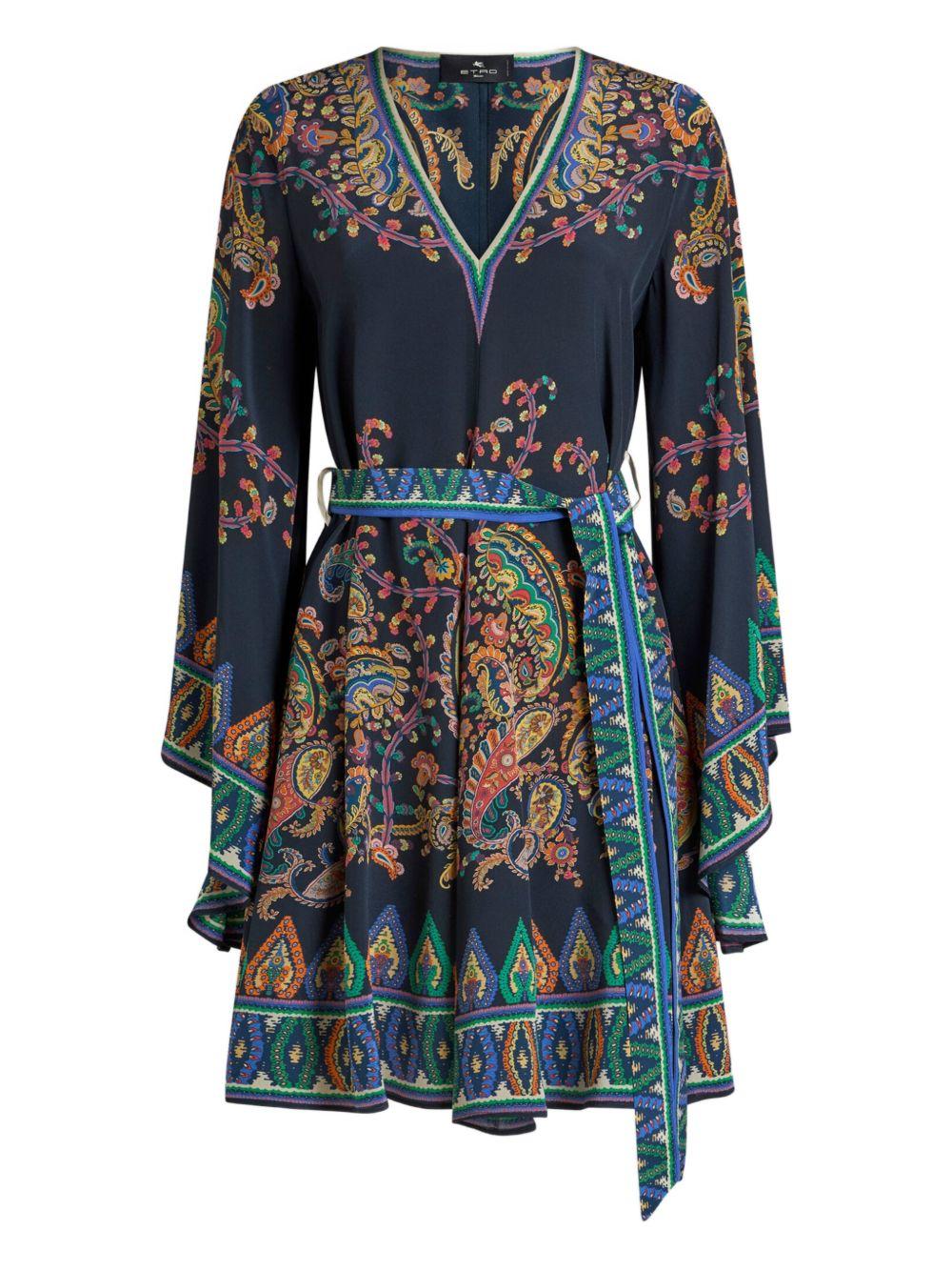 ETRO Abito mini blu in seta con cintura e stampa