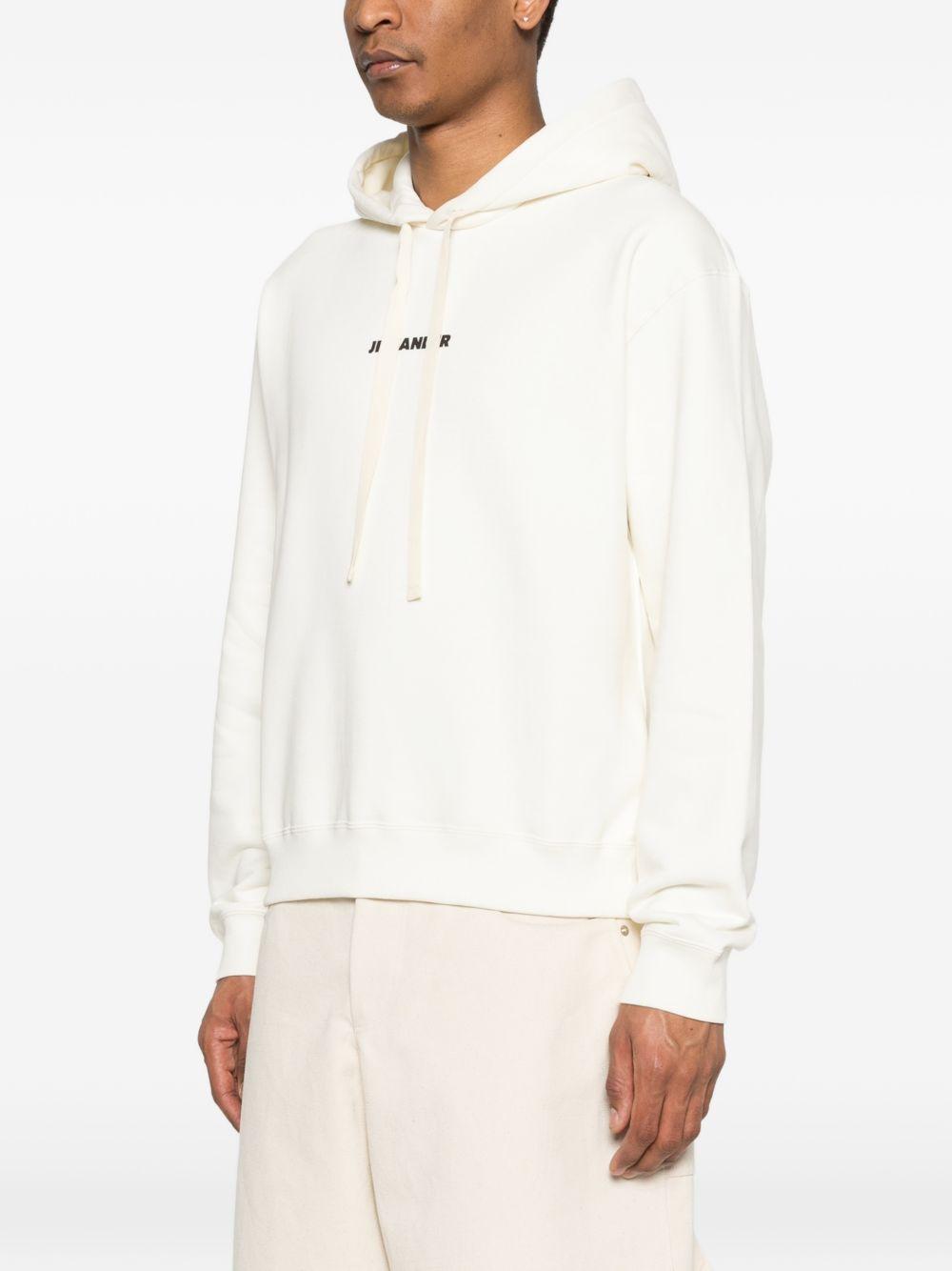 JIL SANDER Felpa in cotone bianco con cappuccio e logo nero