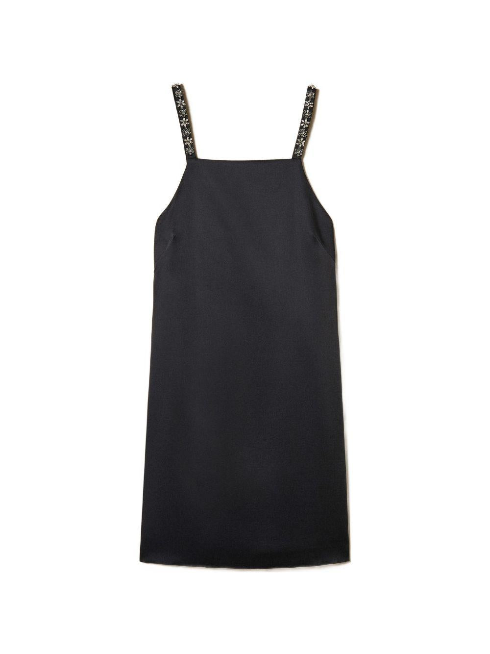 TWINSET Abito corto a tubo nero con spalline decorate