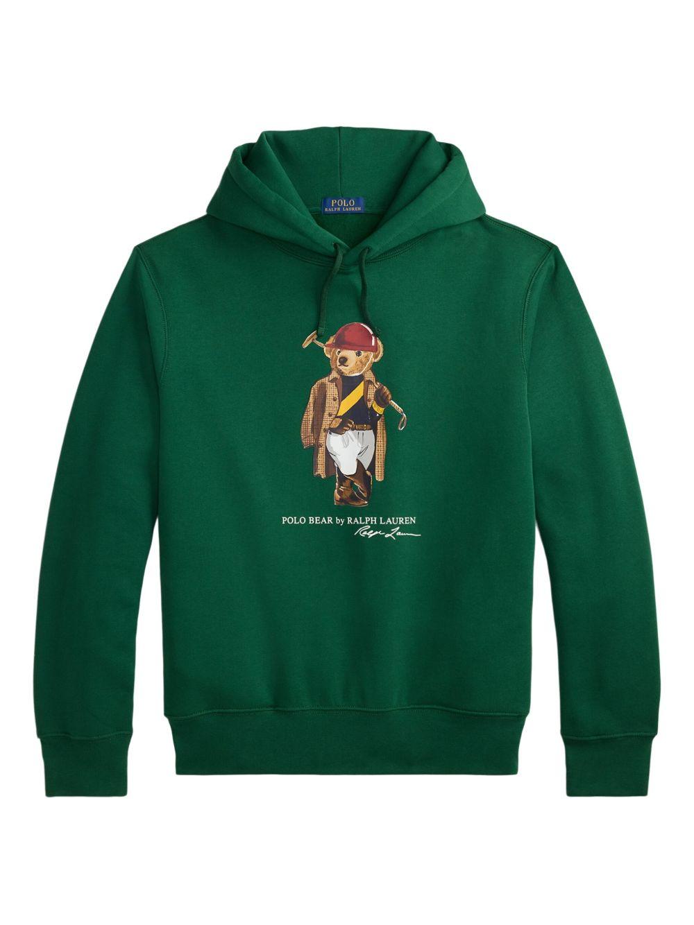 POLO RALPH LAUREN Felpa in cotone verde con cappuccio e orso stampato