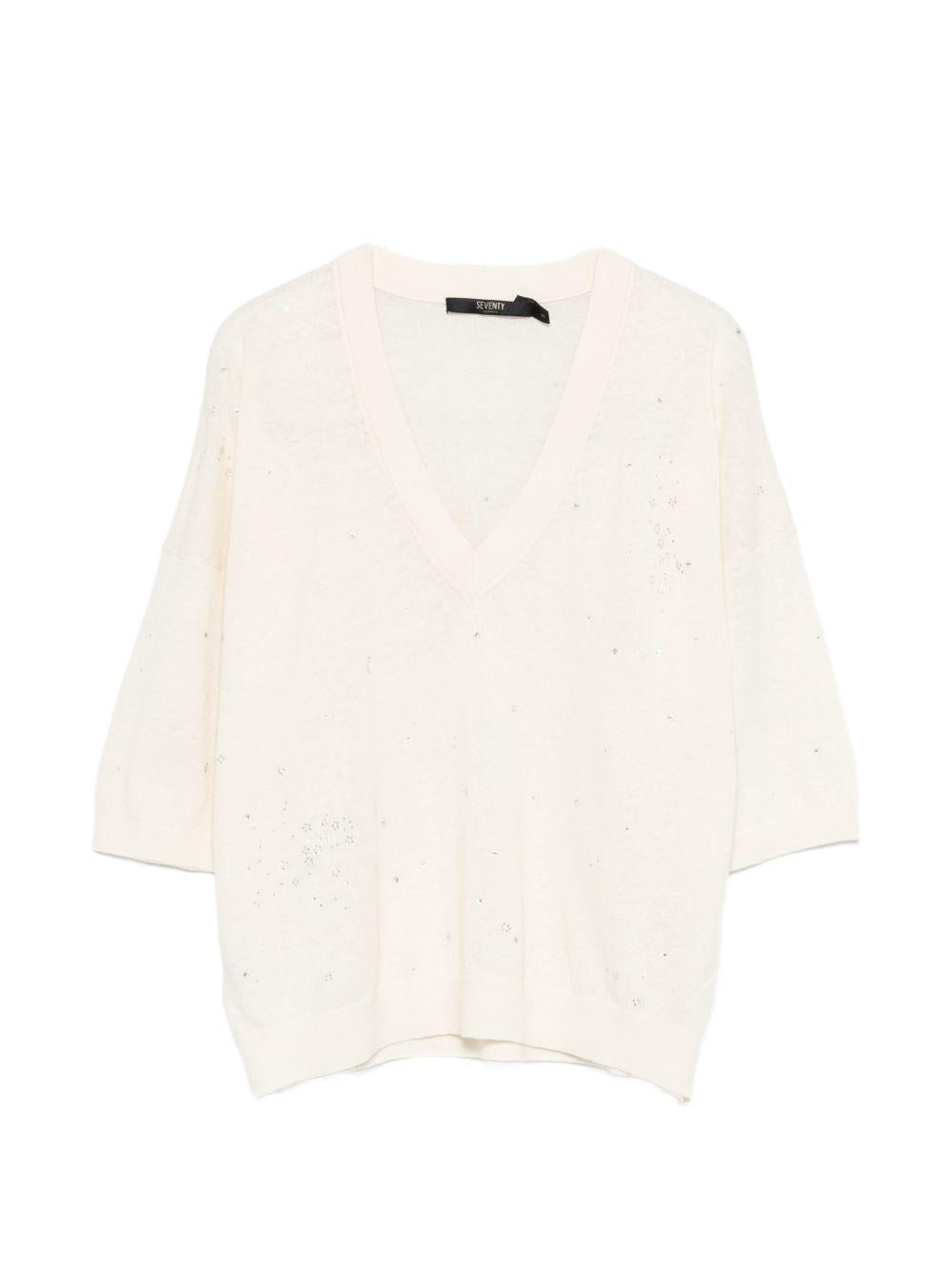 SEVENTY Maglia bianca con scollo a V e strass