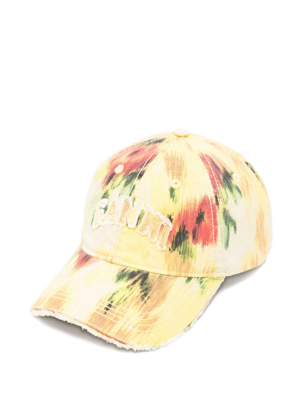 GANNI Cappello da baseball in cotone giallo con stampa florale