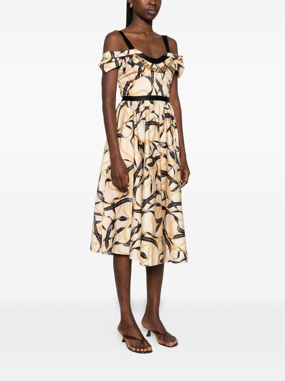 ELISABETTA FRANCHI Abito midi stampato con volant in cotone beige