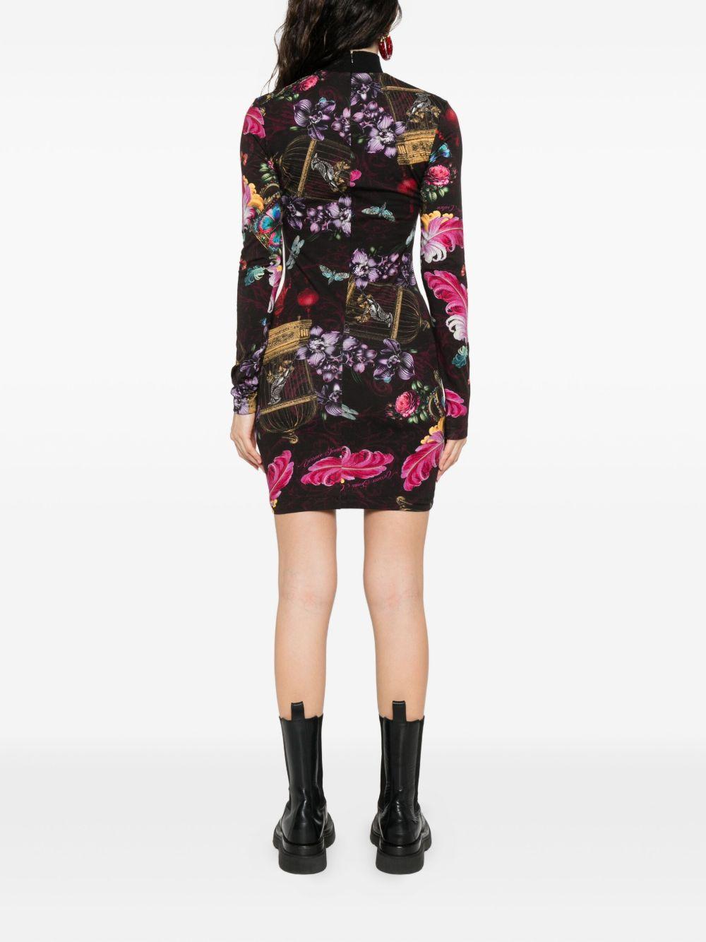 VERSACE JEANS COUTURE Abito corto nero in cotone con stampa floreale